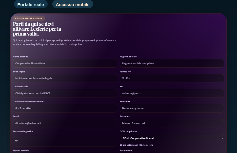 Schermata reale del portal con form e configurazione